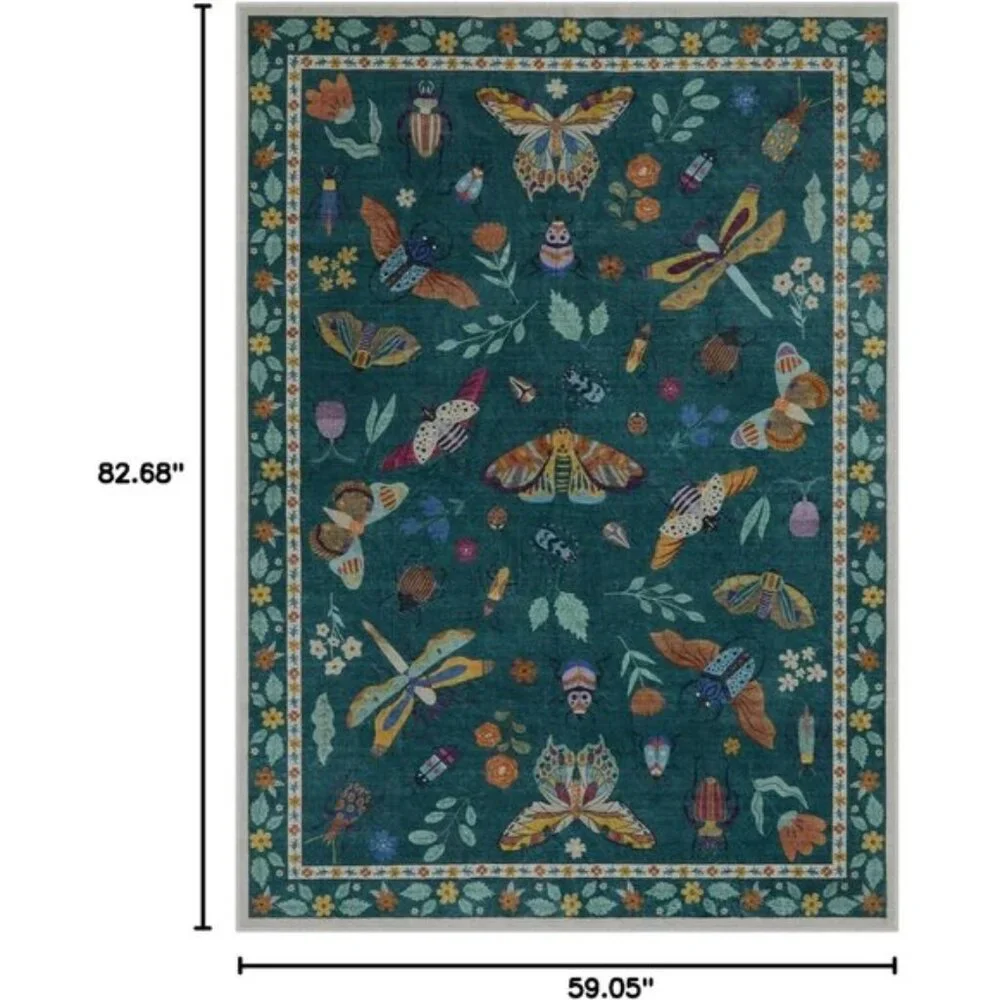 New 5x7 Dark Green Insect Print Rug, Washable Non-Slip Modern Carpet for Home